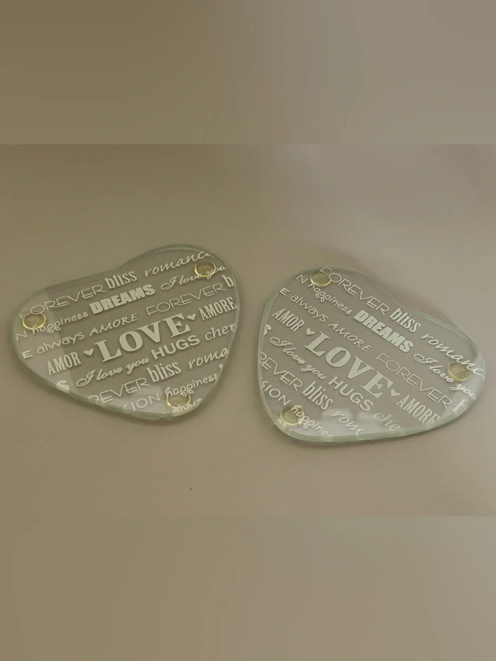Pair Of Heart Glass Coasters Valentines Day Romance Modern Bridal Non-slip Feet
